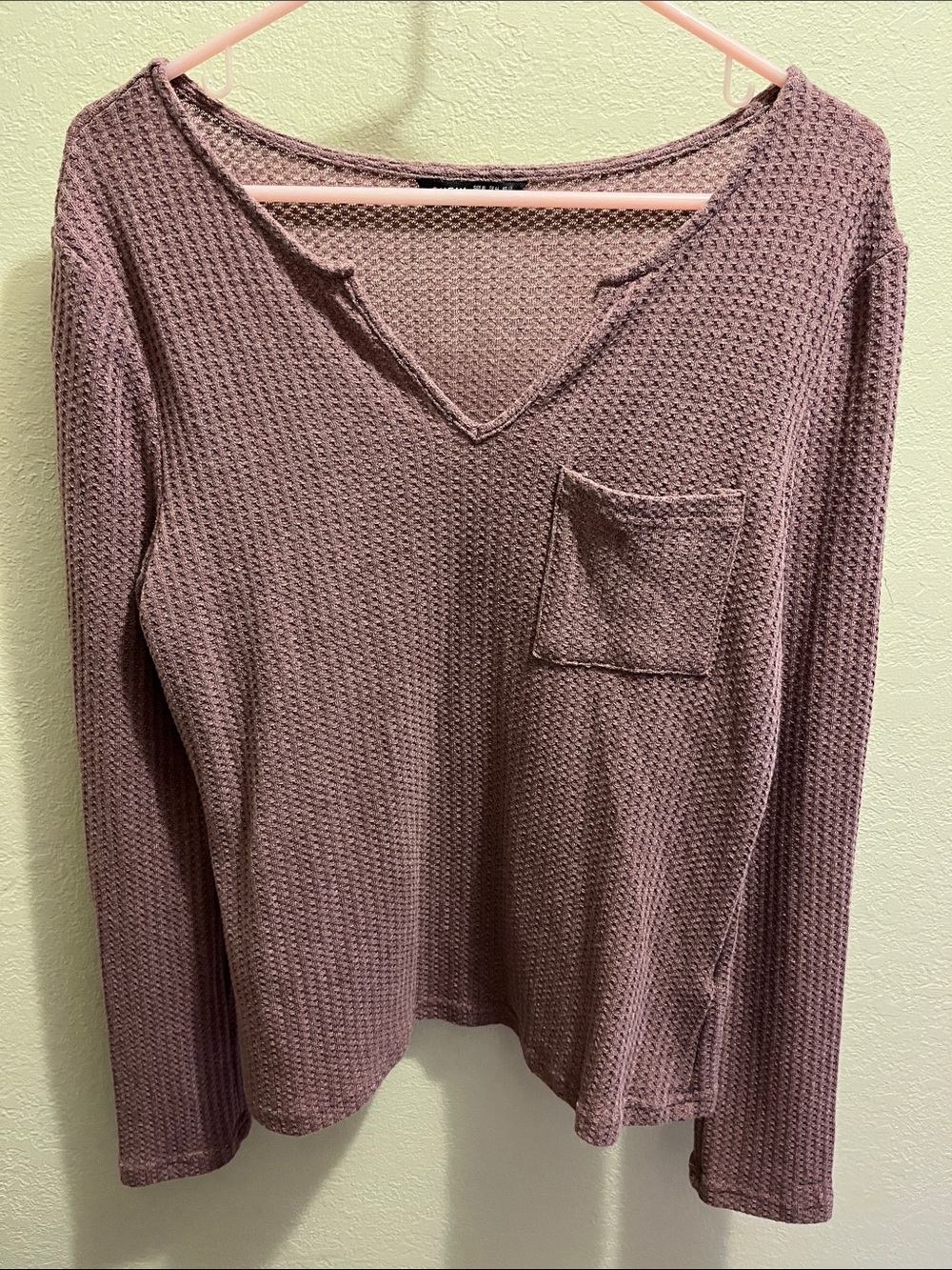 SHEIN Waffle-Knit V-Neck Long Sleeve Top in Mauve